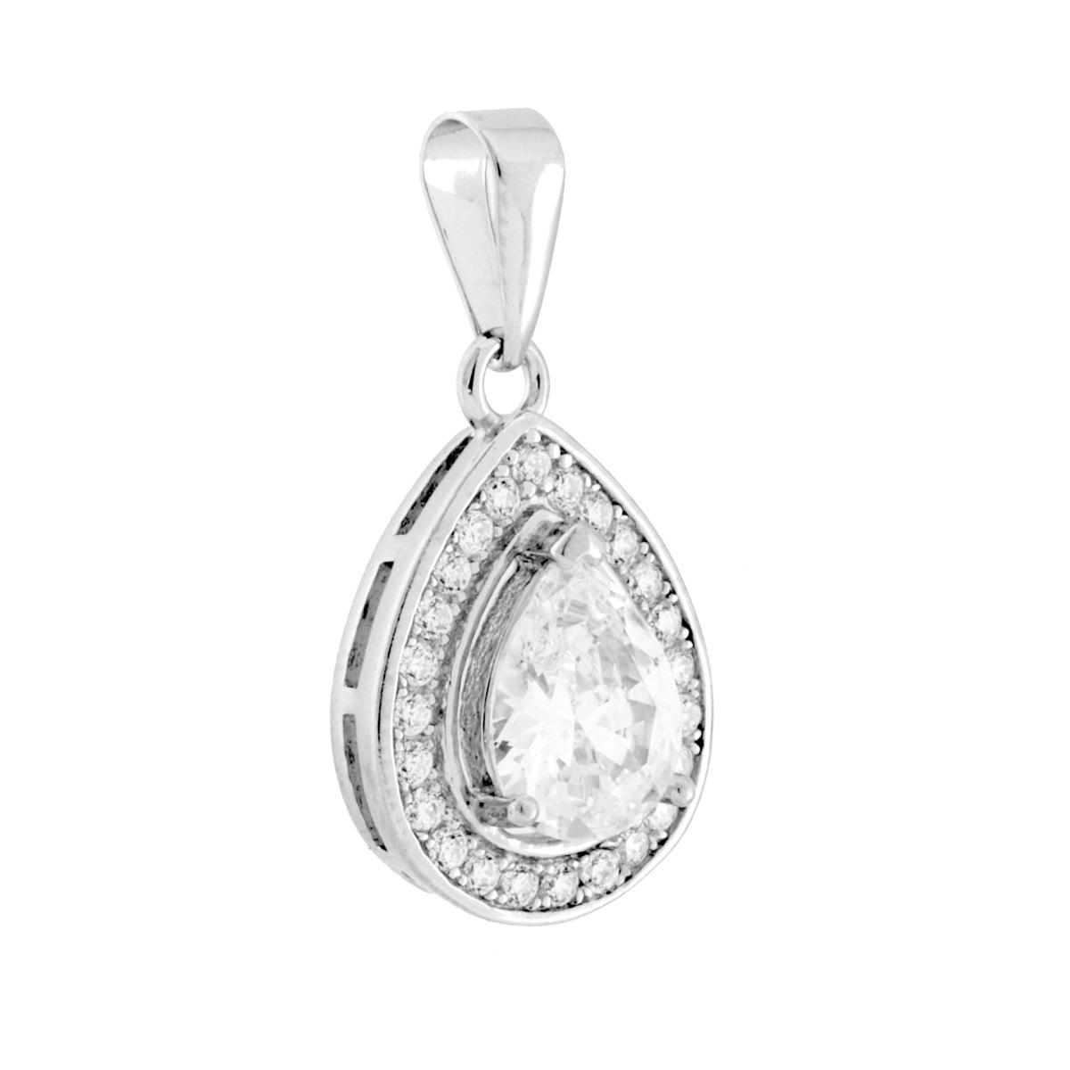 Parure Set Orecchini e Ciondolo Goccia Bianco contornato da Cubic Zirconia Bianchi in ARGENTO 925 Galvanica Rodio