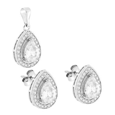 Parure Set Orecchini e Ciondolo Goccia Bianco contornato da Cubic Zirconia Bianchi in ARGENTO 925 Galvanica Rodio