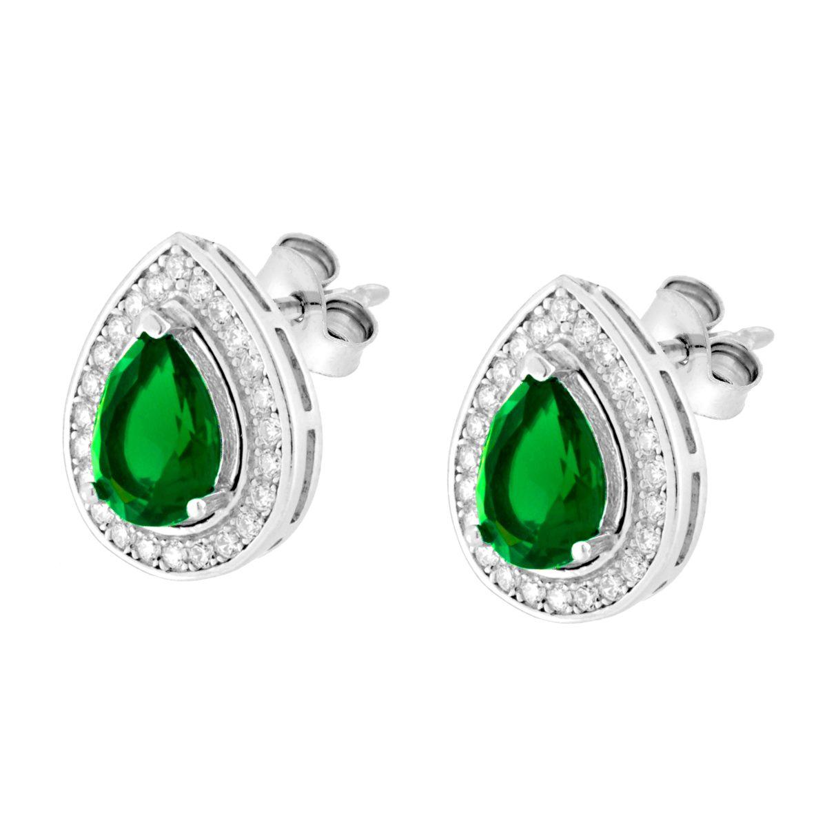 Parure Set Orecchini e Ciondolo Goccia Verde Smeraldo contornato da Cubic Zirconia Bianchi in ARGENTO 925 Galvanica Rodio