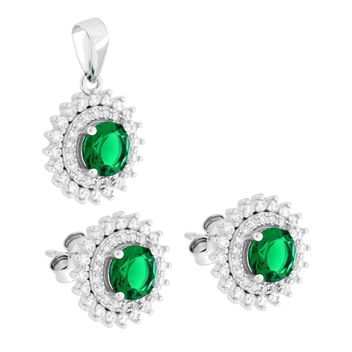 Parure Set Orecchini e Ciondolo Tondo Verde Smeraldo contornato da