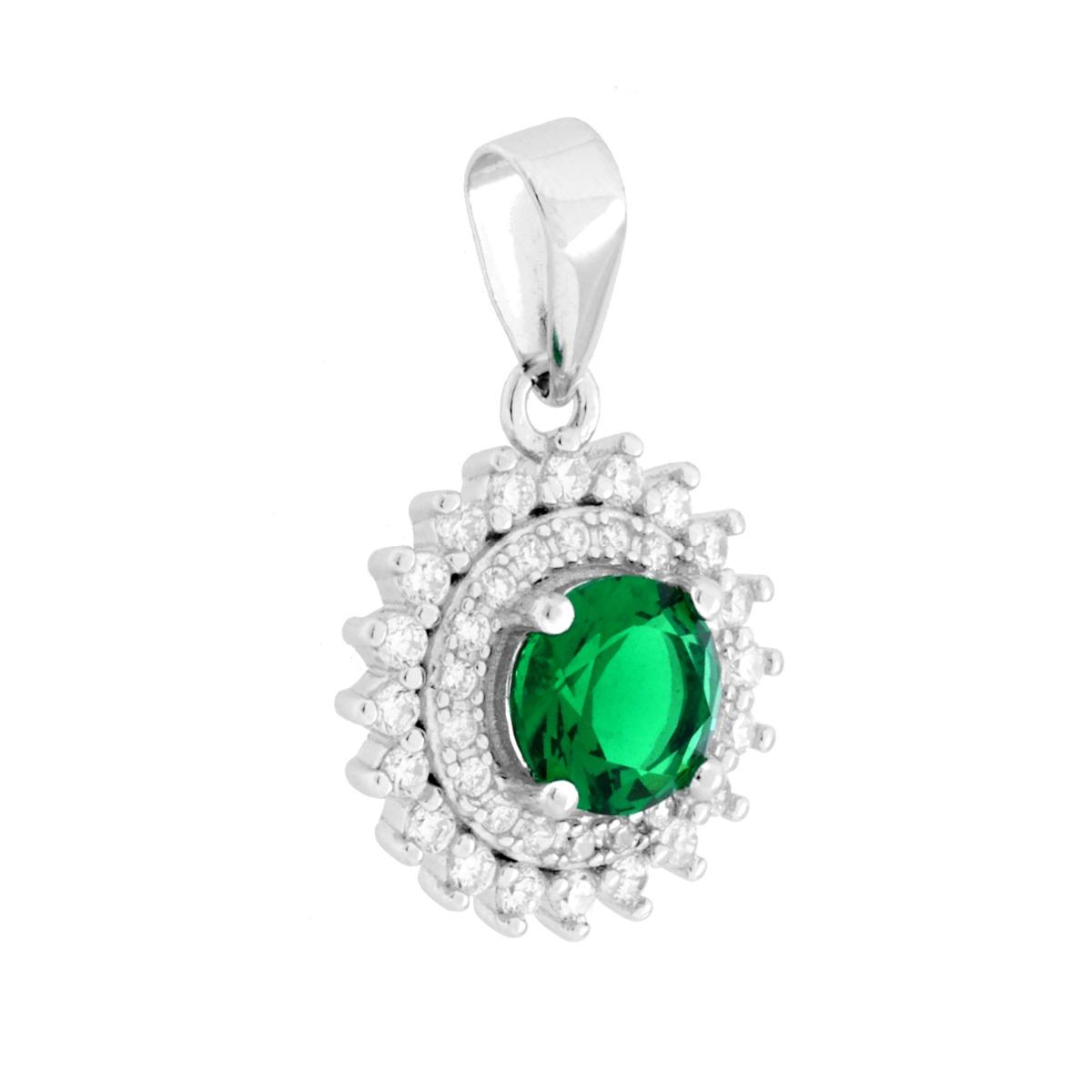 Parure Set Orecchini e Ciondolo Tondo Verde Smeraldo contornato da due giri di Cubic Zirconia Bianchi in ARGENTO 925 Galvanica Rodio