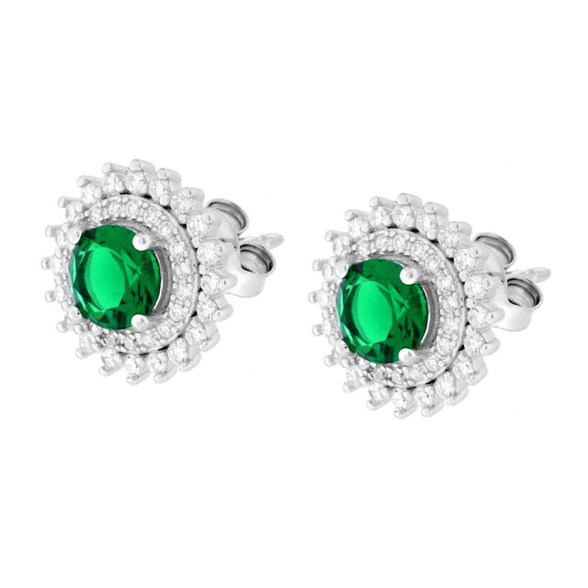 Parure Set Orecchini e Ciondolo Tondo Verde Smeraldo contornato da due giri di Cubic Zirconia Bianchi in ARGENTO 925 Galvanica Rodio