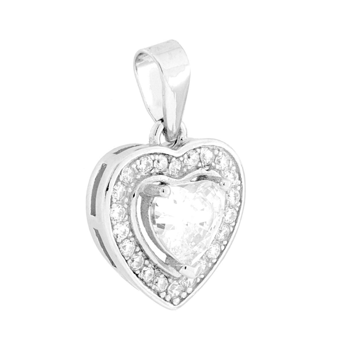 Parure Set Orecchini e Ciondolo Cuore Bianco contornato da Cubic Zirconia Bianchi in ARGENTO 925 Galvanica Rodio
