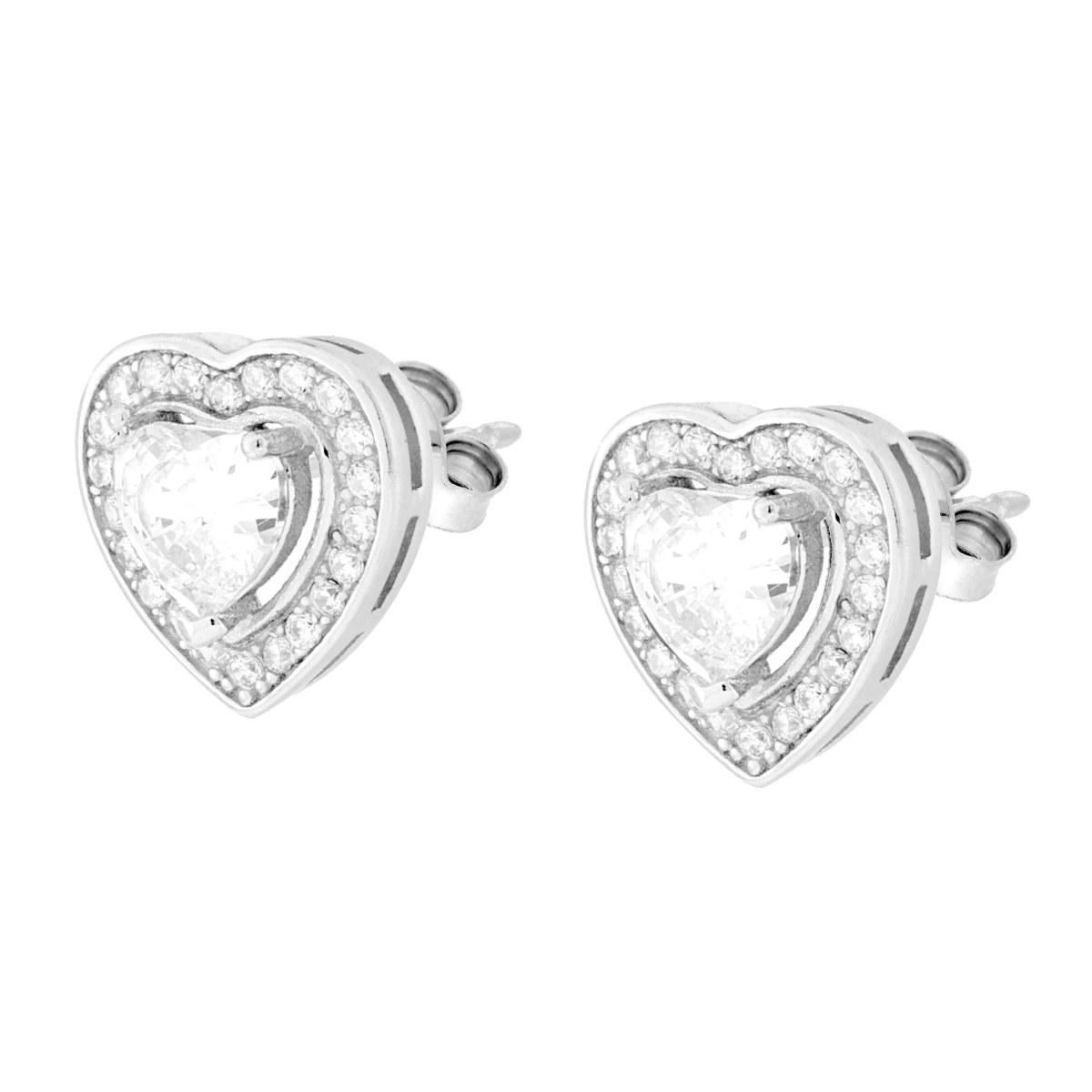 Parure Set Orecchini e Ciondolo Cuore Bianco contornato da Cubic Zirconia Bianchi in ARGENTO 925 Galvanica Rodio