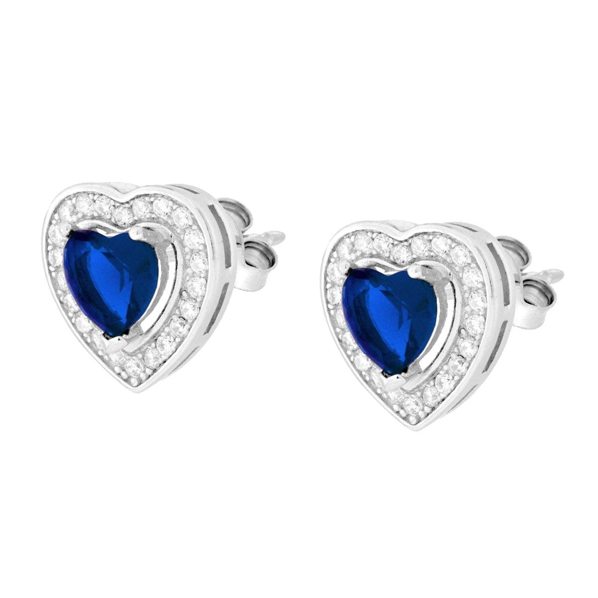 Parure Set Orecchini e Ciondolo Cuore Blu Zaffiro contornato da Cubic Zirconia Bianchi in ARGENTO 925 Galvanica Rodio
