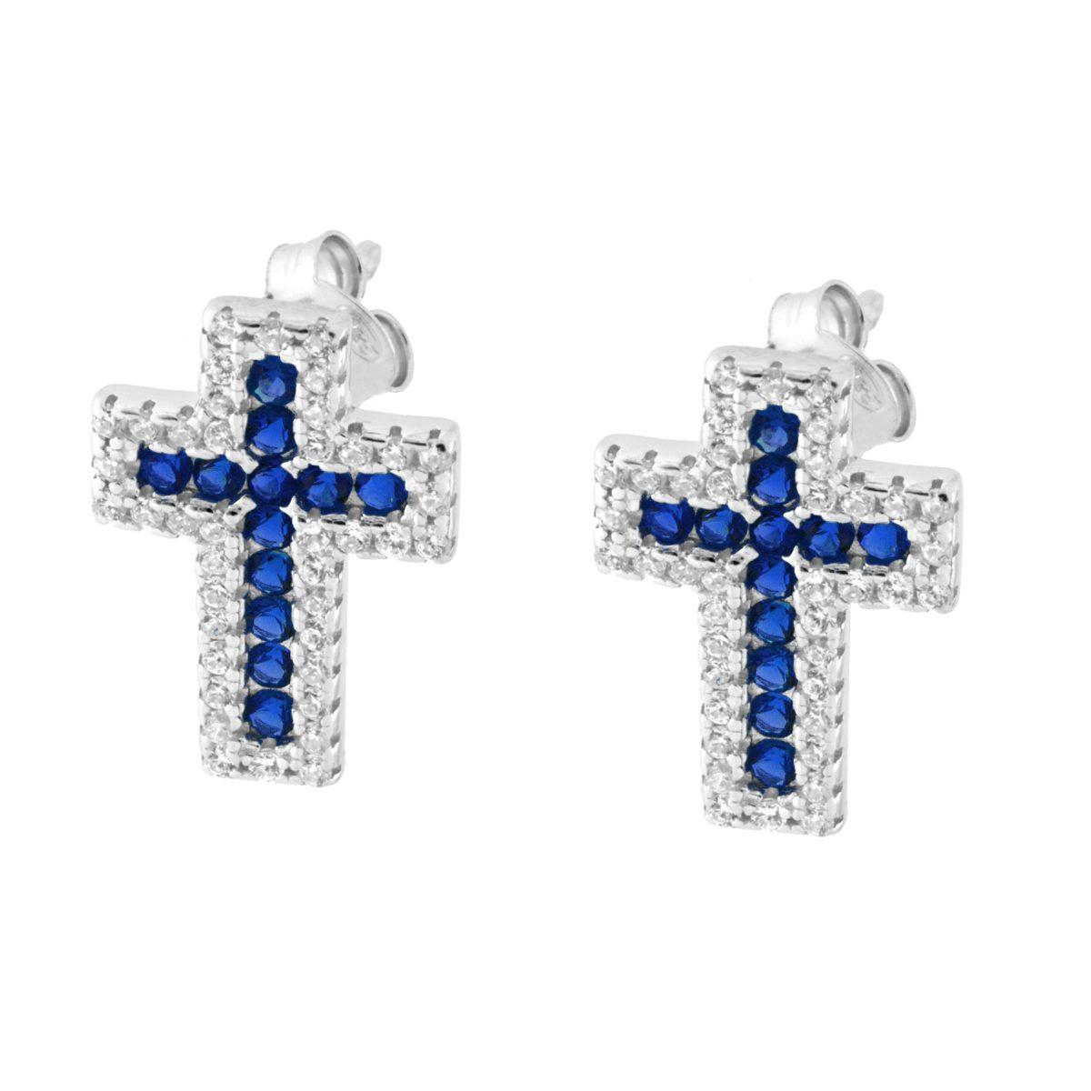 Parure Set Orecchini e Ciondolo Croce con Cubic Zirconia Blu Zaffiro e Bianchi in ARGENTO 925 Galvanica Rodio
