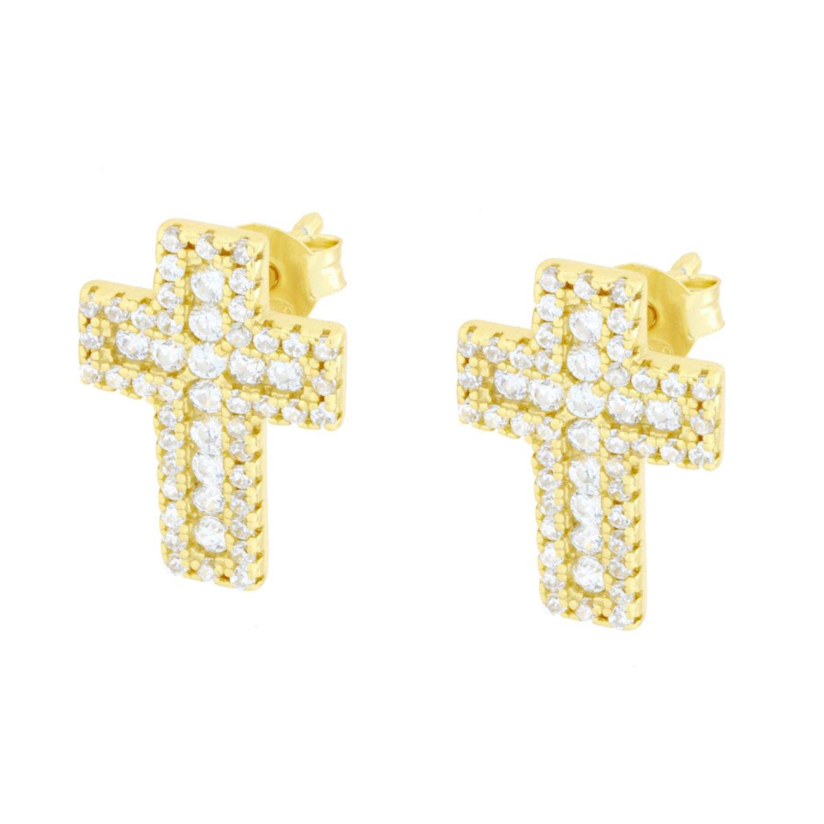 Parure Set Orecchini e Ciondolo Croce con Cubic Zirconia Bianchi in ARGENTO 925 Galvanica Oro