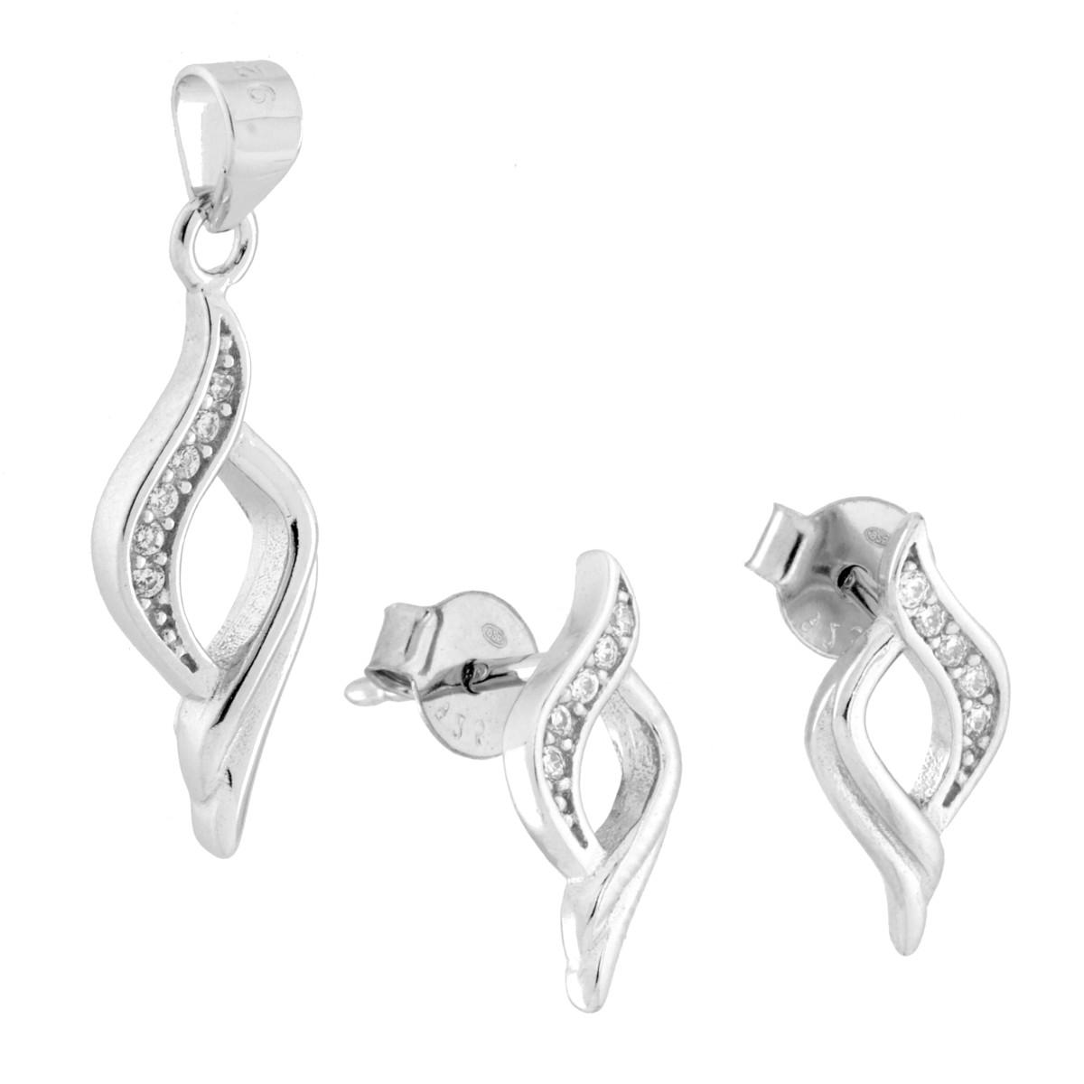 Parure Set Orecchini e Ciondolo Foglia con Cubic Zirconia Bianchi in ARGENTO 925 Galvanica Rodio