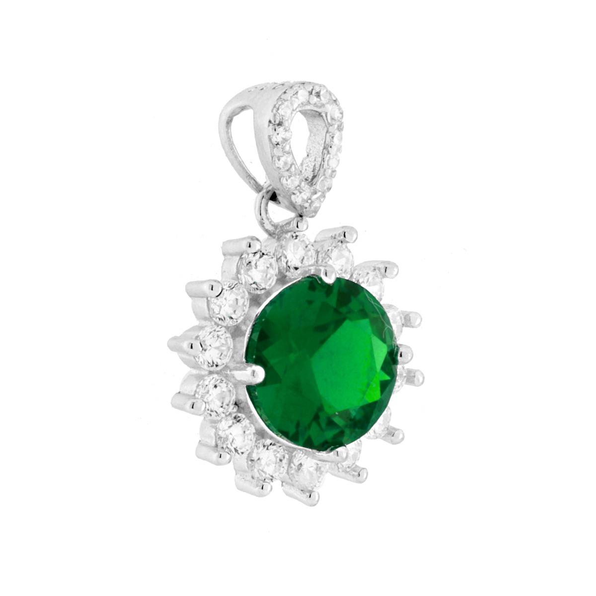 Parure Set Orecchini e Ciondolo Tondo Verde Smeraldo contornato da Cubic Zirconia Bianchi in ARGENTO 925 Galvanica Rodio