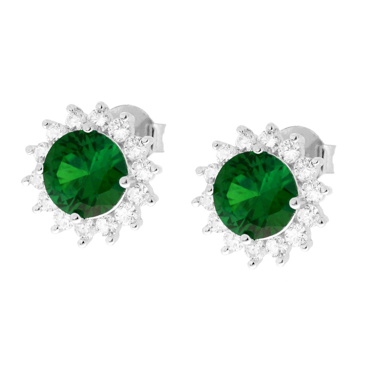Parure Set Orecchini e Ciondolo Tondo Verde Smeraldo contornato da Cubic Zirconia Bianchi in ARGENTO 925 Galvanica Rodio