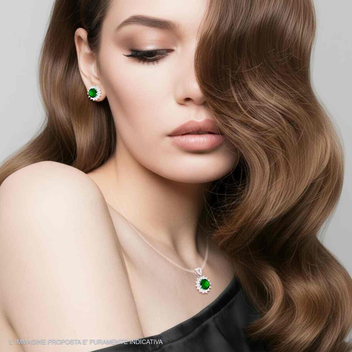 Parure Set Orecchini e Ciondolo Tondo Verde Smeraldo contornato da Cubic Zirconia Bianchi in ARGENTO 925 Galvanica Rodio