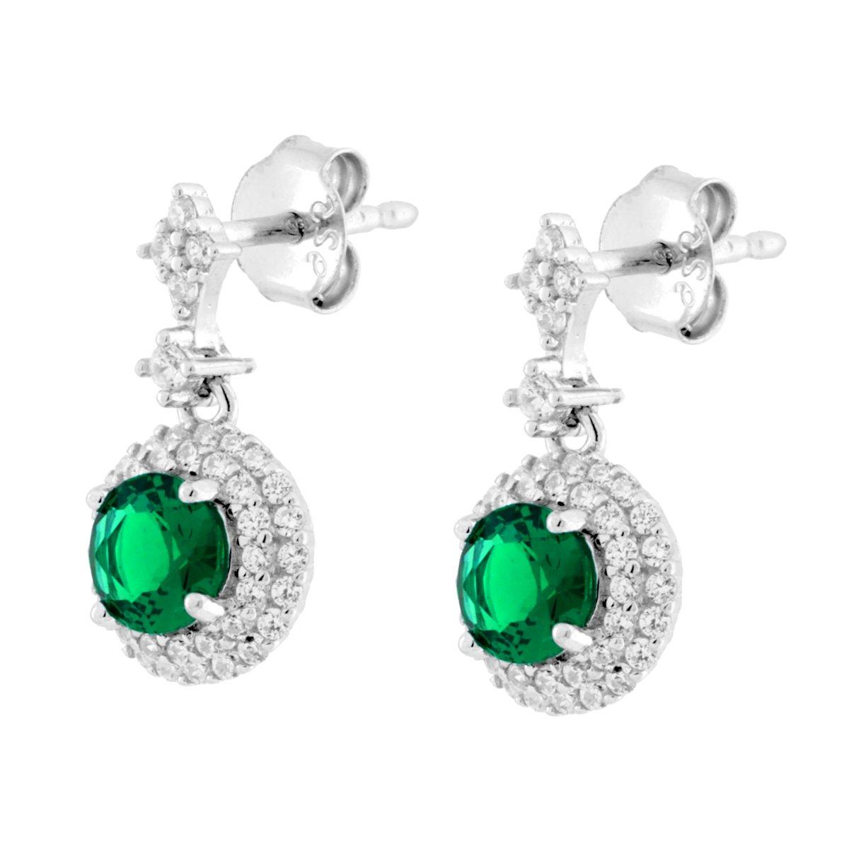 Parure Set Orecchini e Ciondolo Tondo Pendente Verde Smeraldo contornato da Cubic Zirconia Bianchi in ARGENTO 925 Galvanica Rodio
