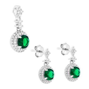 Parure Set Orecchini e Ciondolo Tondo Pendente Verde Smeraldo contornato da Cubic Zirconia Bianchi in ARGENTO 925 Galvanica Rodio