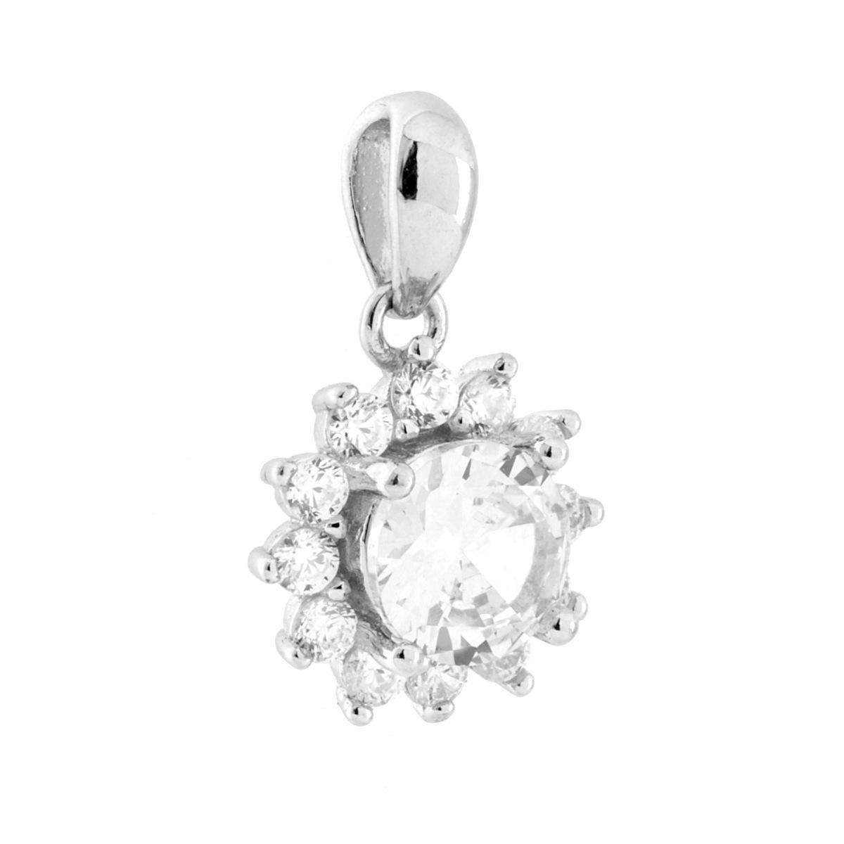 Parure Set Orecchini e Ciondolo Tondo Bianco contornato da Cubic Zirconia Bianchi in ARGENTO 925 Galvanica Rodio