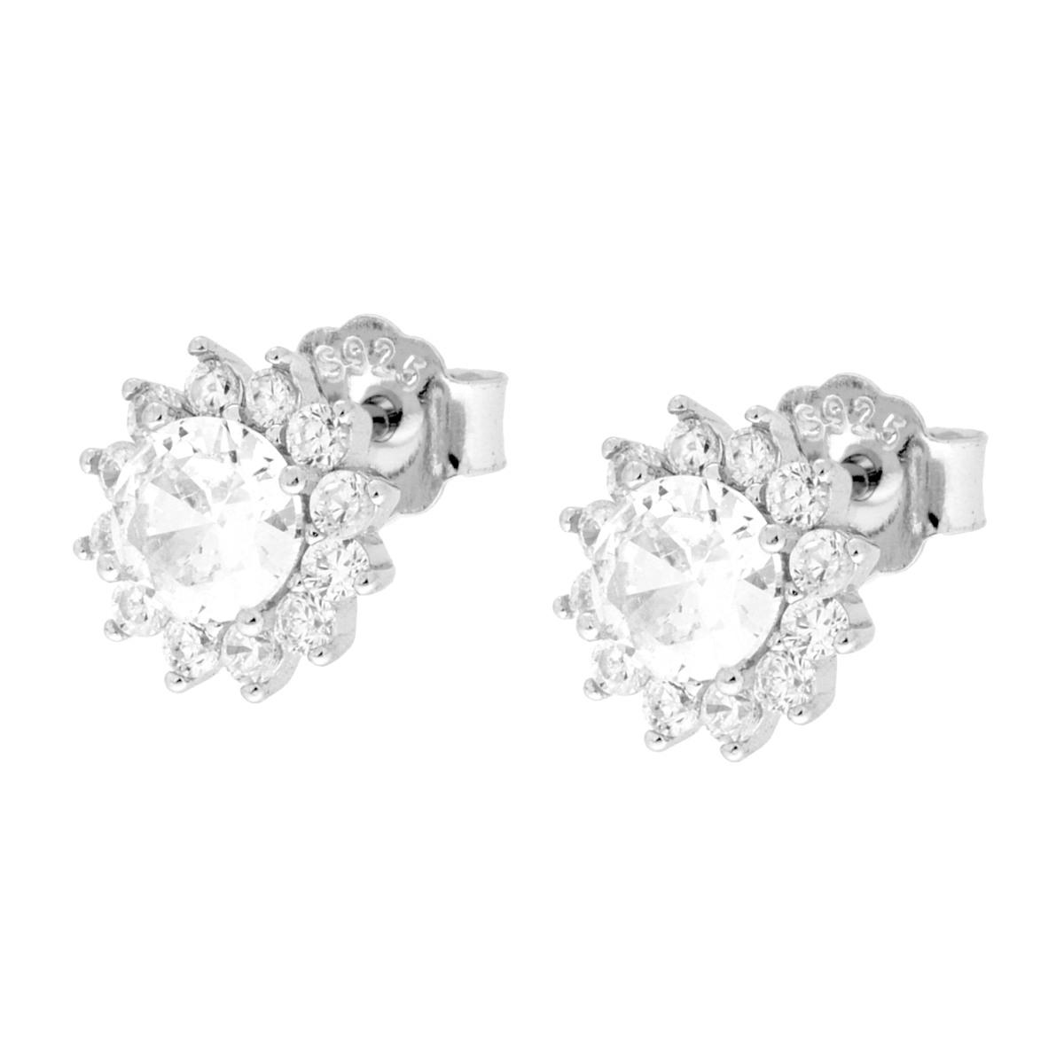 Parure Set Orecchini e Ciondolo Tondo Bianco contornato da Cubic Zirconia Bianchi in ARGENTO 925 Galvanica Rodio