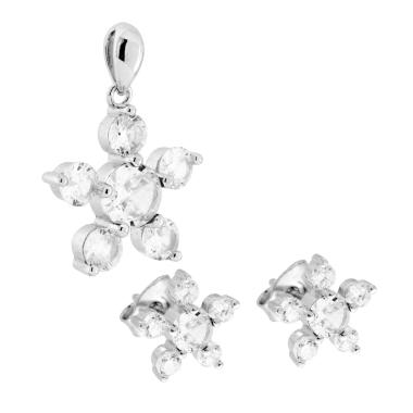 Parure Set Orecchini e Ciondolo Fiore con Cubic Zirconia Bianchi in ARGENTO 925 Galvanica Rodio