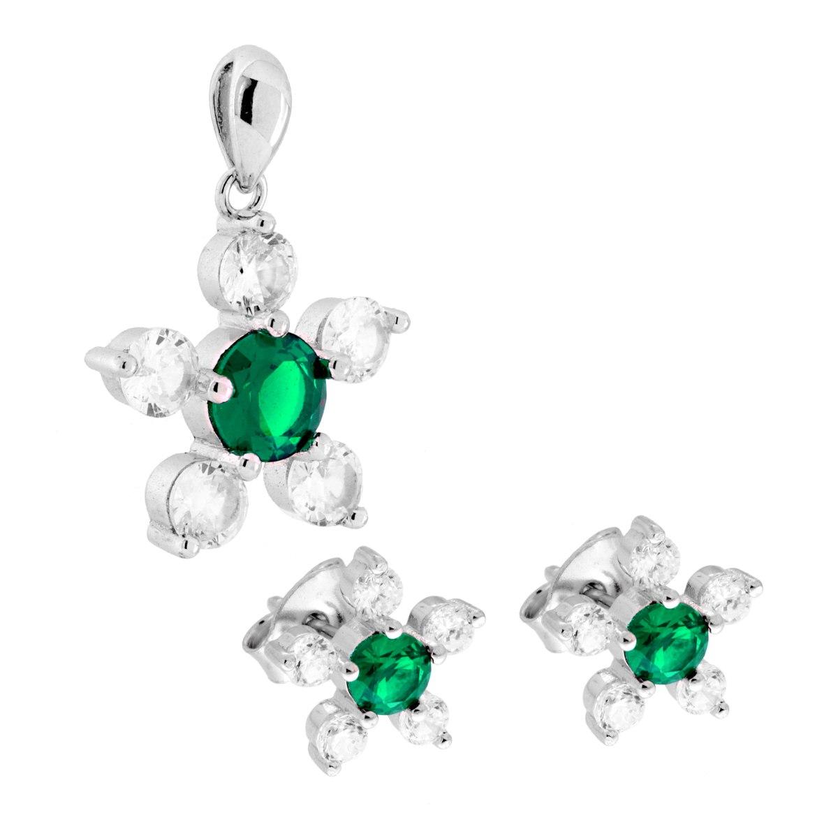 Parure Set Orecchini e Ciondolo Fiore con Cubic Zirconia Verde Smeraldo e Bianchi in ARGENTO 925 Galvanica Rodio