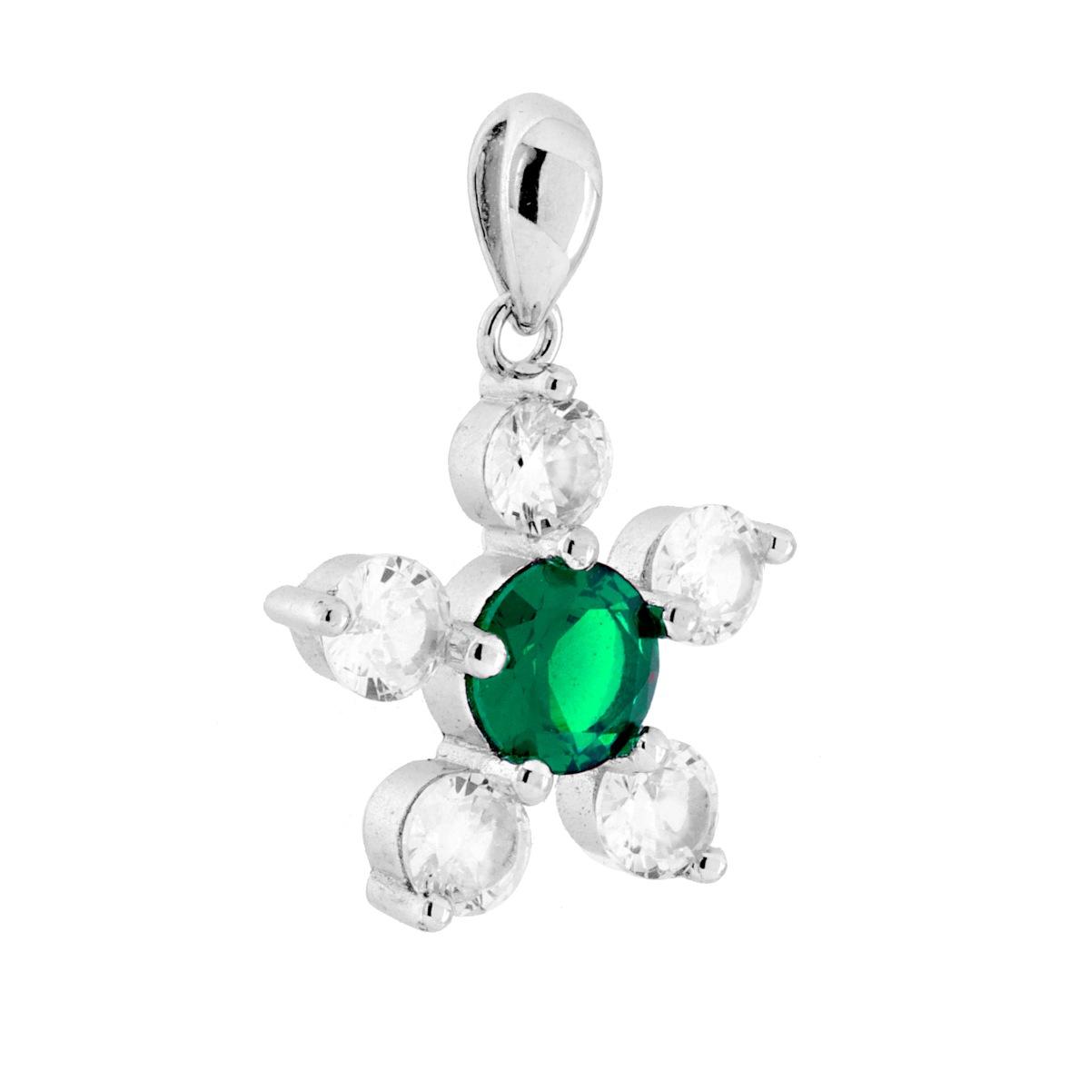 Parure Set Orecchini e Ciondolo Fiore con Cubic Zirconia Verde Smeraldo e Bianchi in ARGENTO 925 Galvanica Rodio