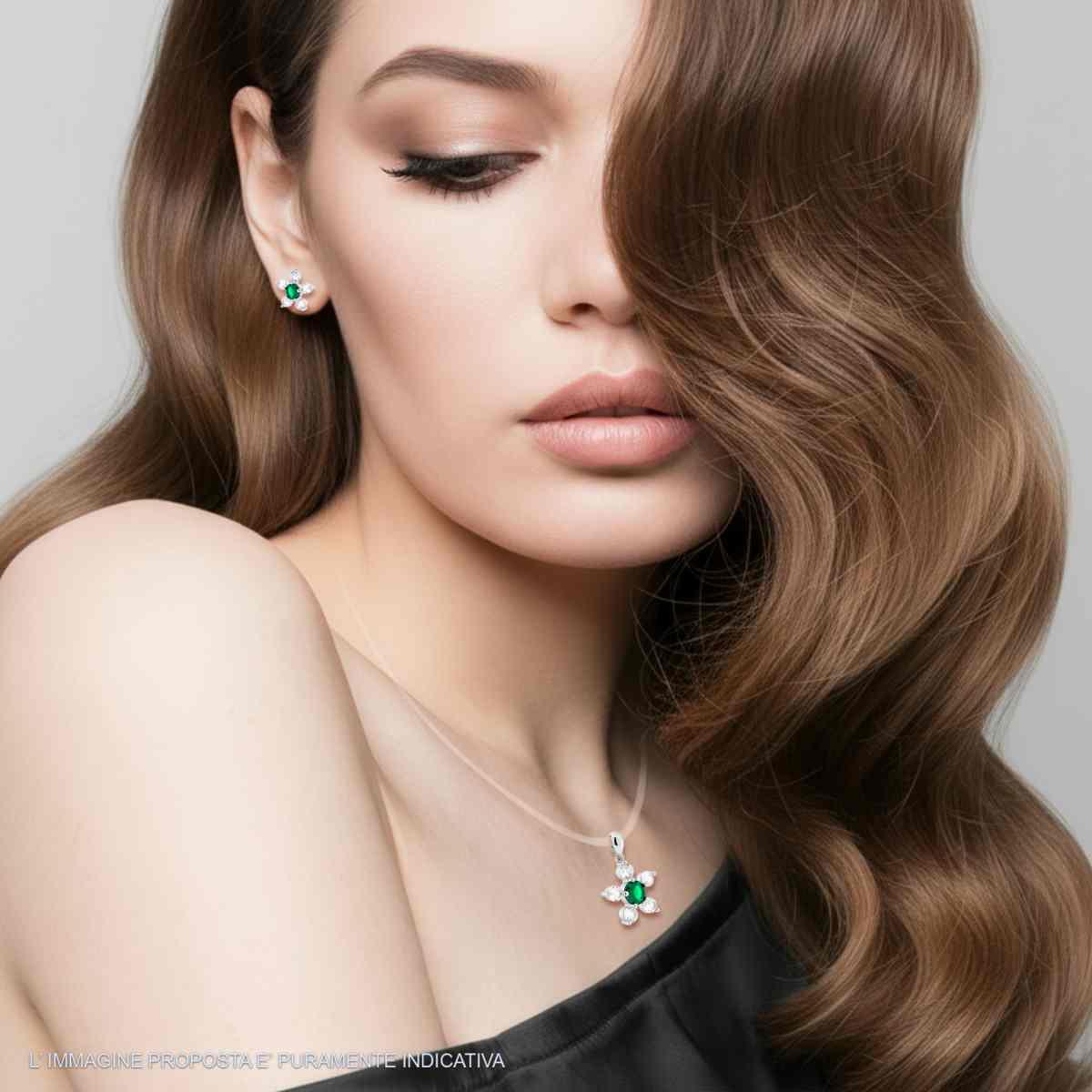 Parure Set Orecchini e Ciondolo Fiore con Cubic Zirconia Verde Smeraldo e Bianchi in ARGENTO 925 Galvanica Rodio