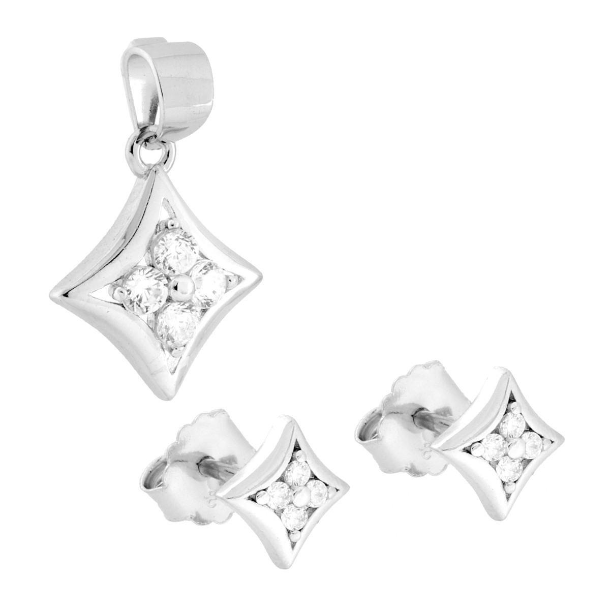 Parure Set Orecchini e Ciondolo Stella con Cubic Zirconia Bianchi in ARGENTO 925 Galvanica Rodio