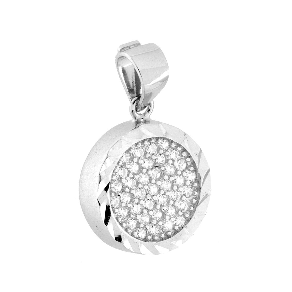 Parure Set Orecchini e Ciondolo Tondo Diamantato con Cubic Zirconia Bianchi in ARGENTO 925 Galvanica Rodio