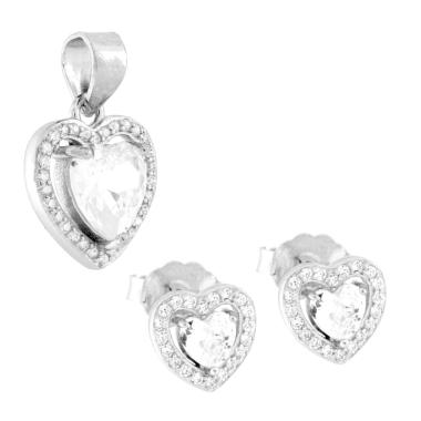 Parure Set Orecchini e Ciondolo Cuore Bianco contornato da Cubic Zirconia Bianchi in ARGENTO 925 Galvanica Rodio