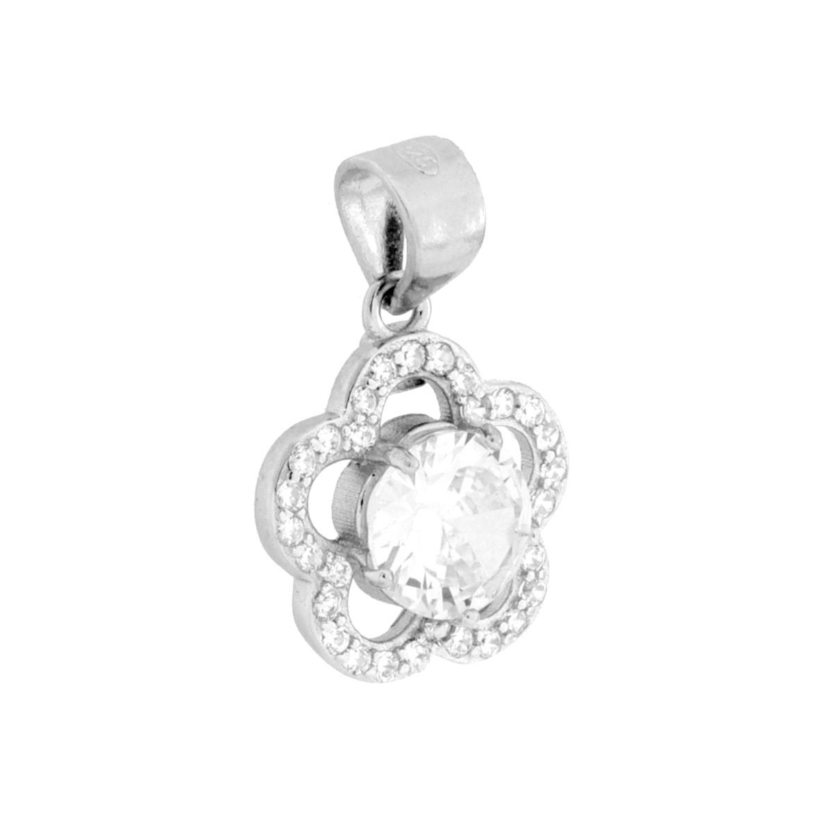 Parure Set Orecchini e Ciondolo Fiore con Tondo Bianco contornato da Cubic Zirconia Bianchi in ARGENTO 925 Galvanica Rodio