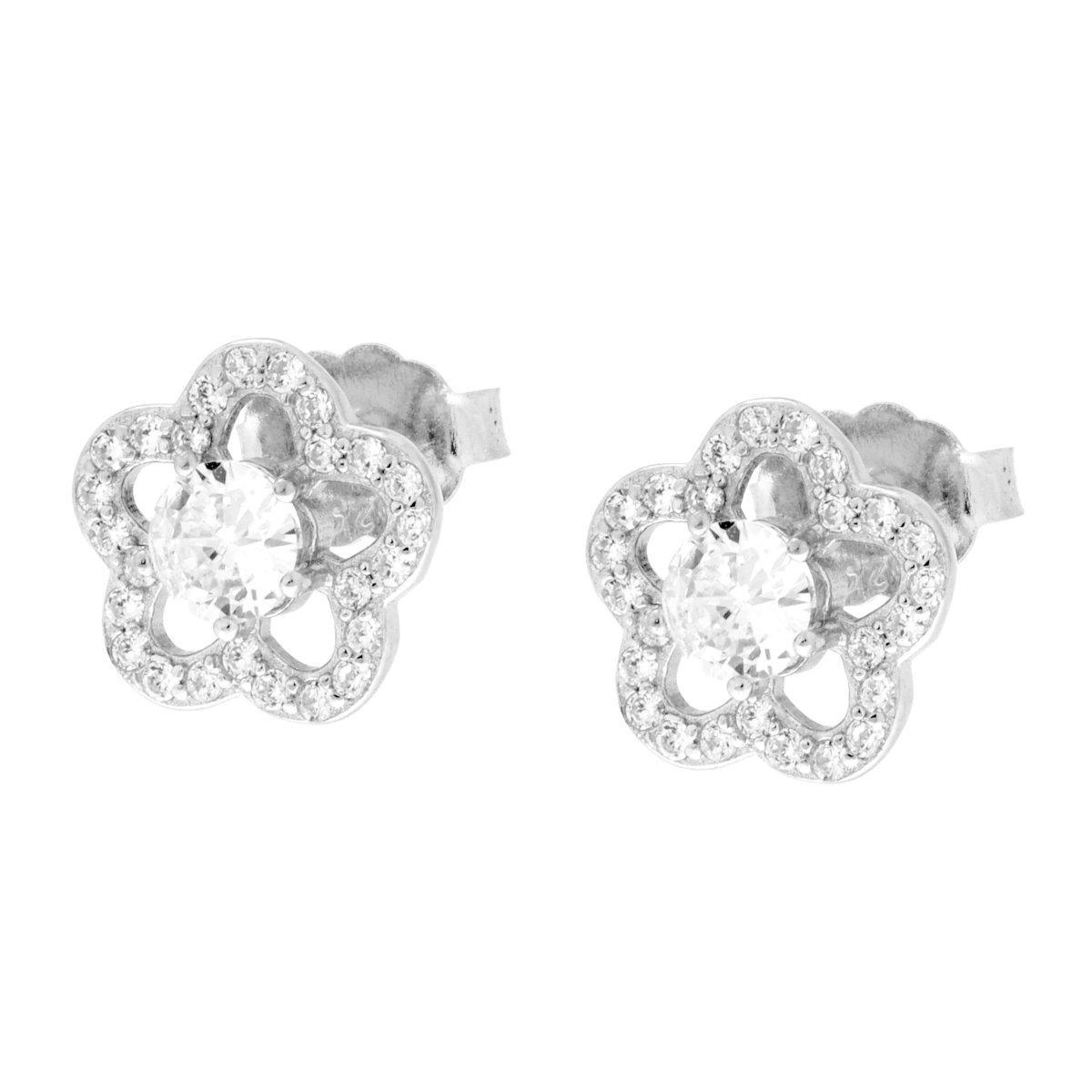 Parure Set Orecchini e Ciondolo Fiore con Tondo Bianco contornato da Cubic Zirconia Bianchi in ARGENTO 925 Galvanica Rodio