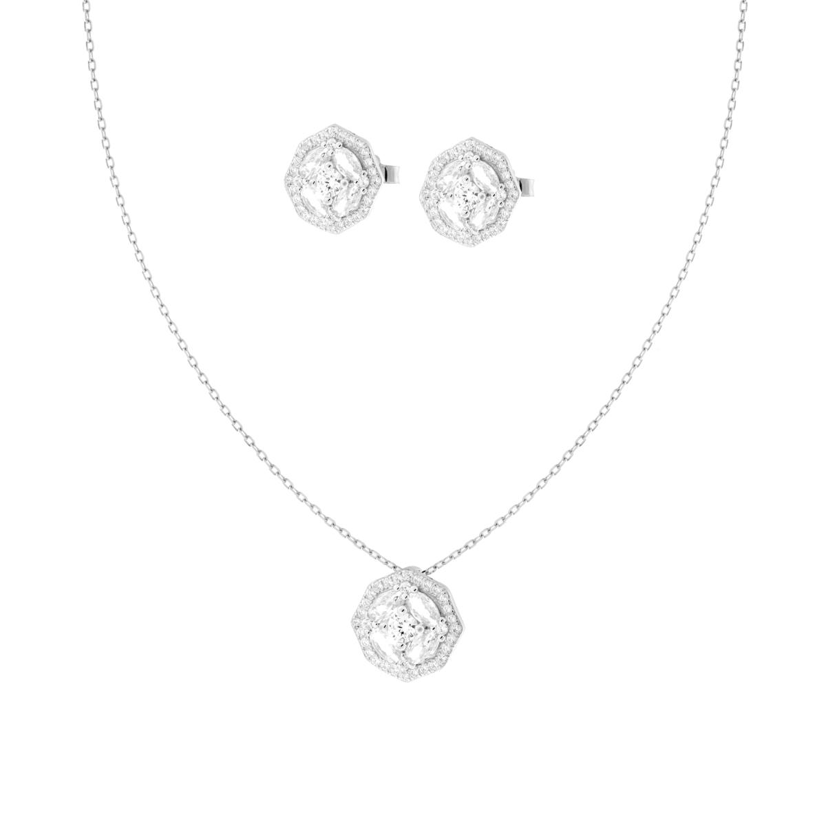 Parure Set Orecchini e Collana Catena Forzatina Diamantata con Fiore Bianco contornato da Cubic Zirconia Bianchi in ARGENTO 925 Galvanica Rodio