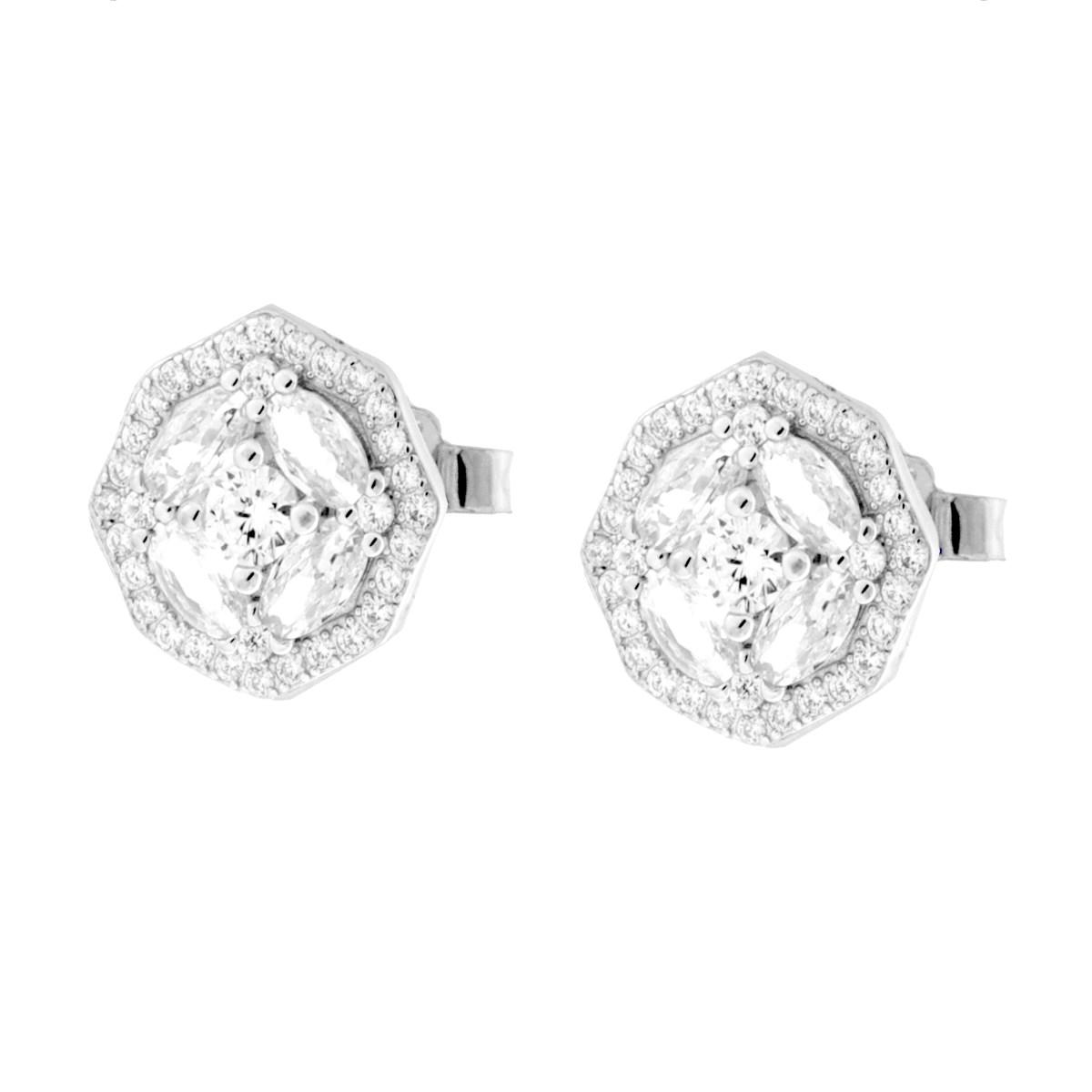 Parure Set Orecchini e Collana Catena Forzatina Diamantata con Fiore Bianco contornato da Cubic Zirconia Bianchi in ARGENTO 925 Galvanica Rodio