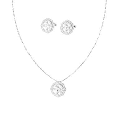 Parure Set Orecchini e Collana Catena Forzatina Diamantata con Fiore Bianco contornato da Cubic Zirconia Bianchi in ARGENTO 925 Galvanica Rodio