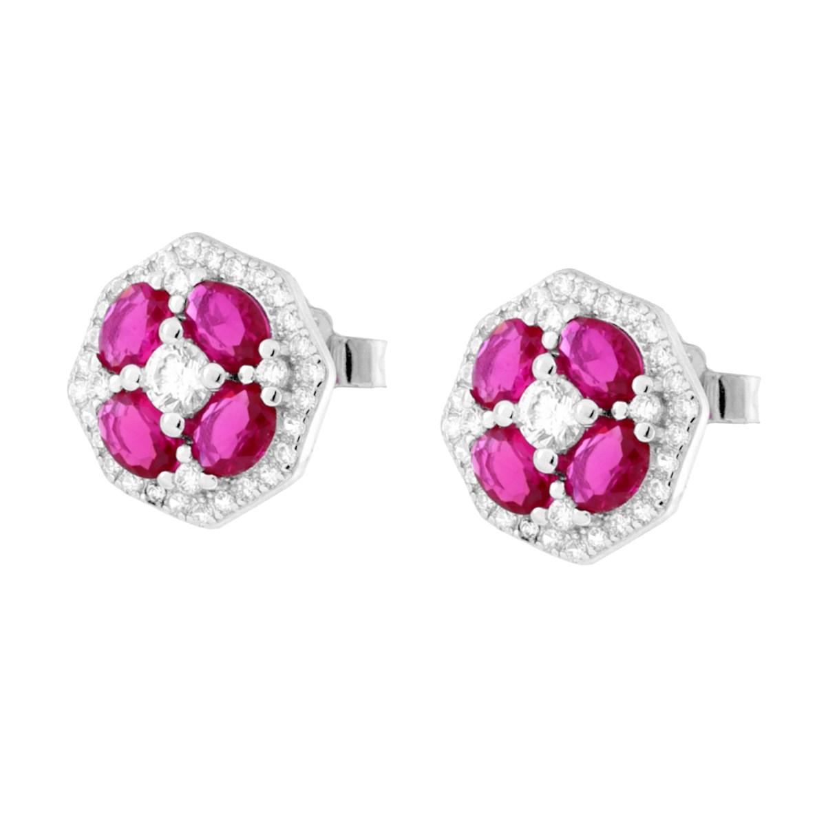 Parure Set Orecchini e Collana Catena Forzatina Diamantata con Fiore Rosso Rubino contornato da Cubic Zirconia Bianchi in ARGENTO 925 Galvanica Rodio