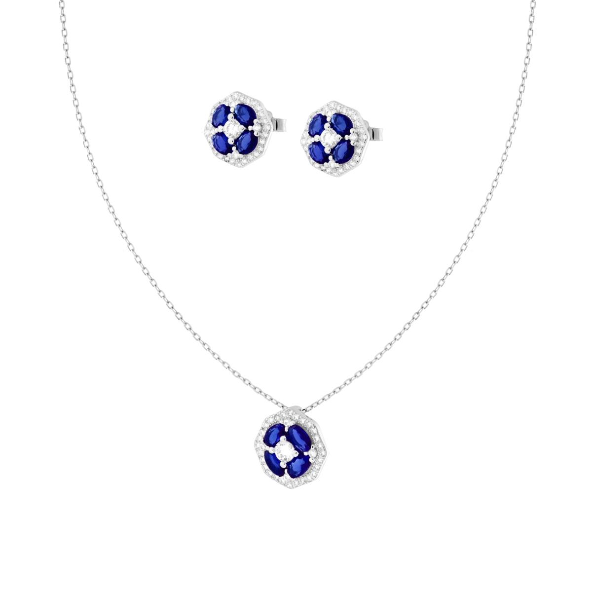 Parure Set Orecchini e Collana Catena Forzatina Diamantata con Fiore Blu Zaffiro contornato da Cubic Zirconia Bianchi in ARGENTO 925 Galvanica Rodio
