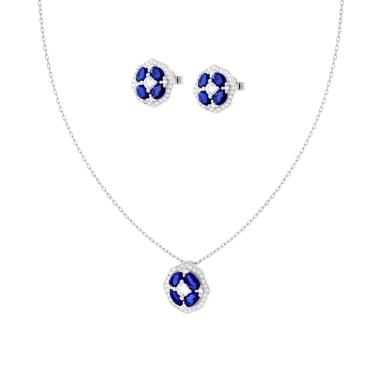 Parure Set Orecchini e Collana Catena Forzatina Diamantata con Fiore Blu Zaffiro contornato da Cubic Zirconia Bianchi in ARGENTO 925 Galvanica Rodio