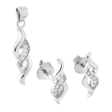 Parure Set Orecchini e Ciondolo Foglia con Cubic Zirconia Bianchi in ARGENTO 925 Galvanica Rodio