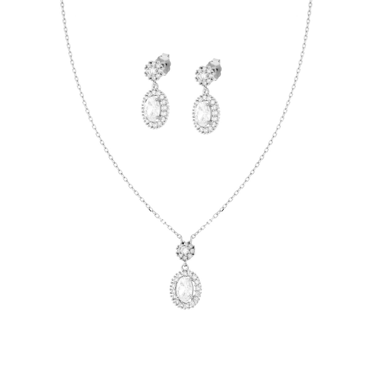 Parure Set Orecchini e Collana Catena Forzatina Diamantata con Ovale Bianco contornato da Cubic Zirconia Bianchi in ARGENTO 925 Galvanica Rodio