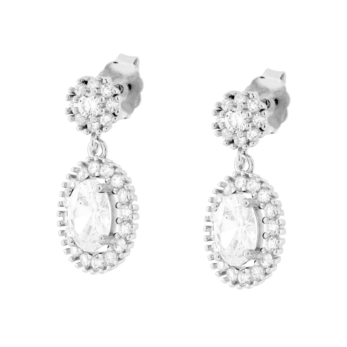 Parure Set Orecchini e Collana Catena Forzatina Diamantata con Ovale Bianco contornato da Cubic Zirconia Bianchi in ARGENTO 925 Galvanica Rodio