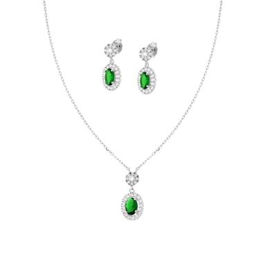 Parure Set Orecchini e Collana Catena Forzatina Diamantata con Ovale Verde Smeraldo contornato da Cubic Zirconia Bianchi in ARGENTO 925 Galvanica Rodio