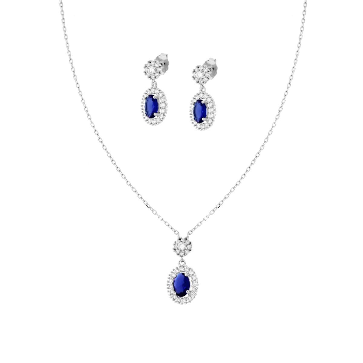 Parure Set Orecchini e Collana Catena Forzatina Diamantata con Ovale Blu Zaffiro contornato da Cubic Zirconia Bianchi in ARGENTO 925 Galvanica Rodio