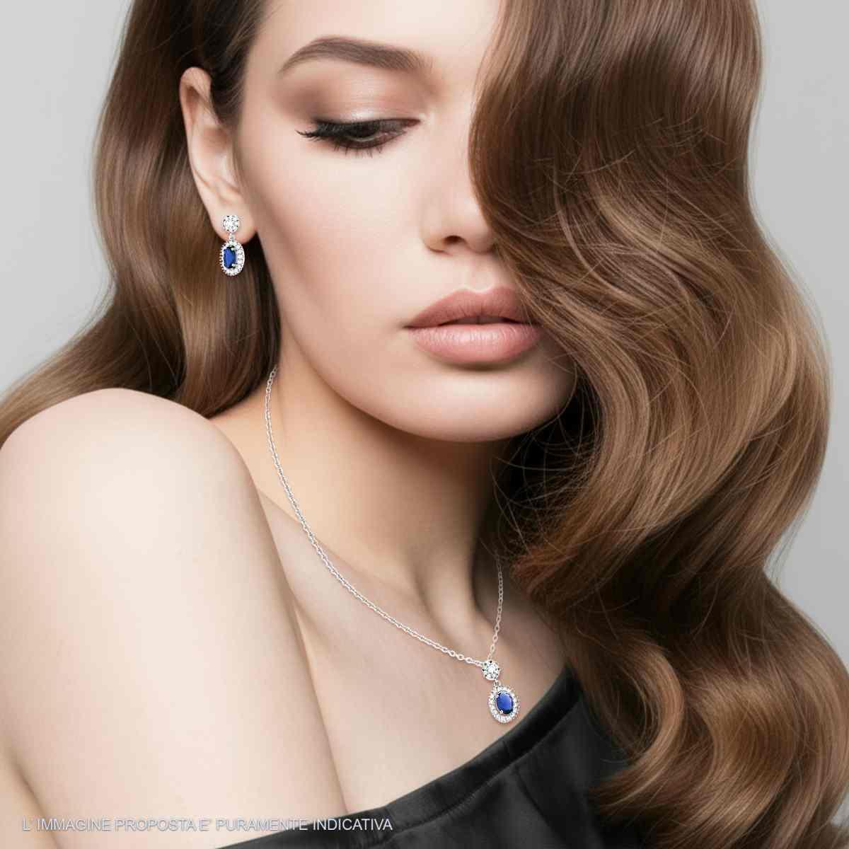 Parure Set Orecchini e Collana Catena Forzatina Diamantata con Ovale Blu Zaffiro contornato da Cubic Zirconia Bianchi in ARGENTO 925 Galvanica Rodio