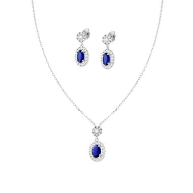 Parure Set Orecchini e Collana Catena Forzatina Diamantata con Ovale Blu Zaffiro contornato da Cubic Zirconia Bianchi in ARGENTO 925 Galvanica Rodio