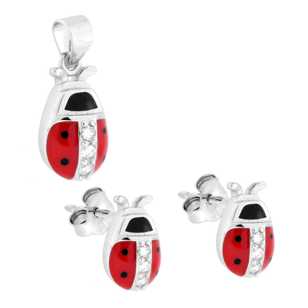 Parure Set Orecchini e Ciondolo Coccinella con Smalto Rosso e Cubic Zirconia Bianchi in ARGENTO 925 Galvanica Rodio