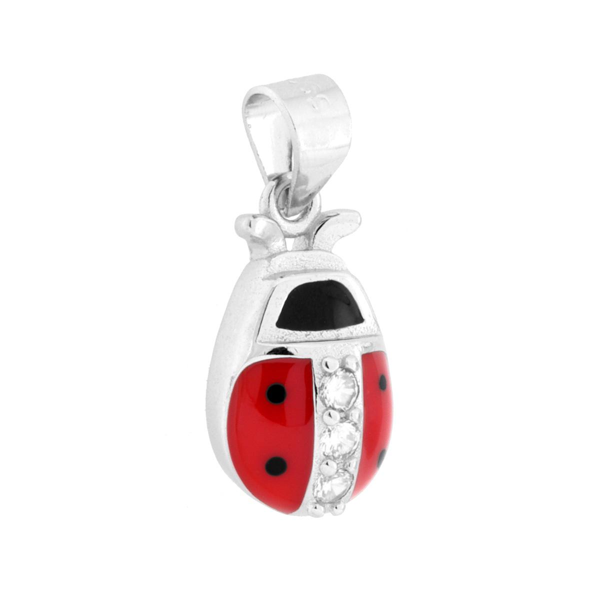 Parure Set Orecchini e Ciondolo Coccinella con Smalto Rosso e Cubic Zirconia Bianchi in ARGENTO 925 Galvanica Rodio