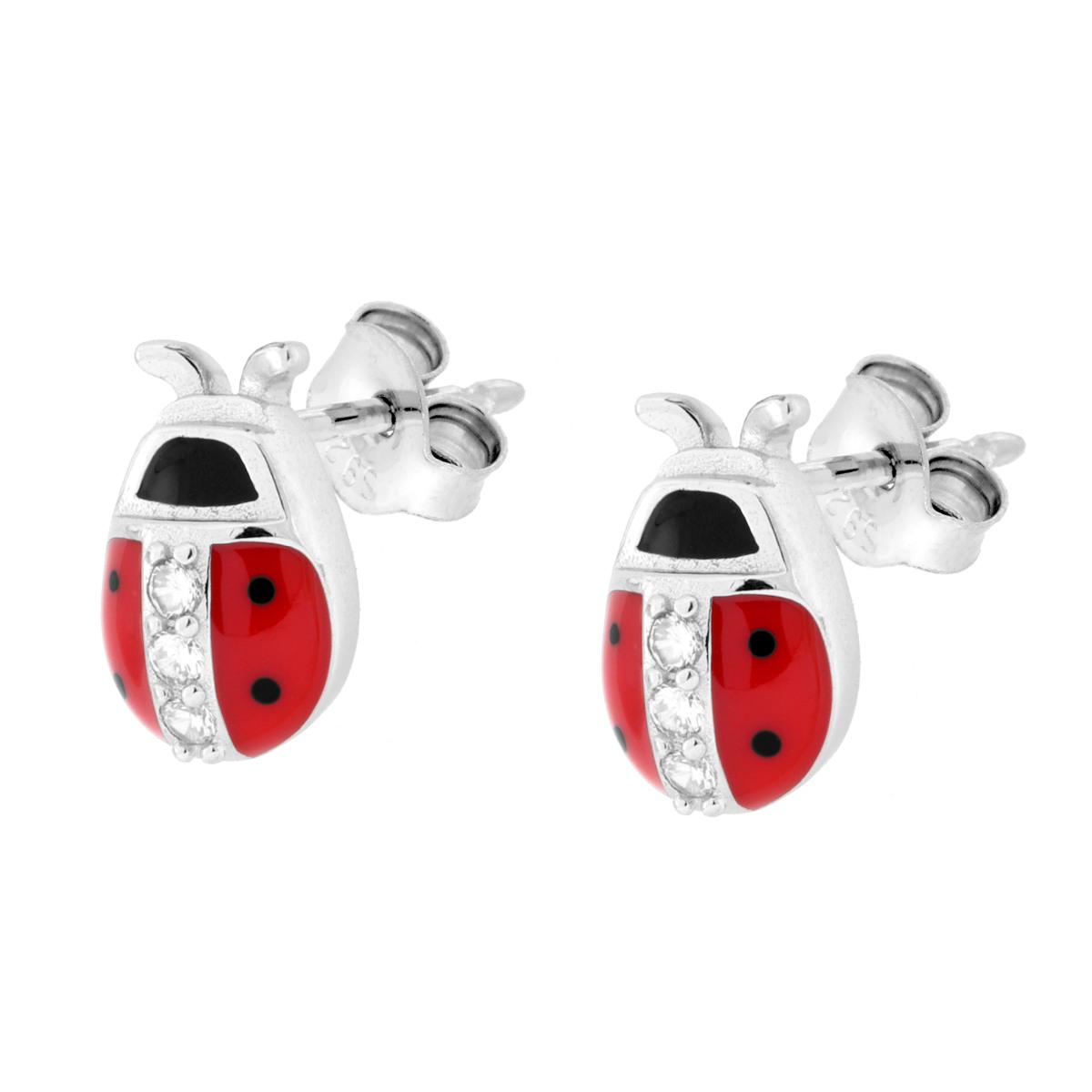 Parure Set Orecchini e Ciondolo Coccinella con Smalto Rosso e Cubic Zirconia Bianchi in ARGENTO 925 Galvanica Rodio