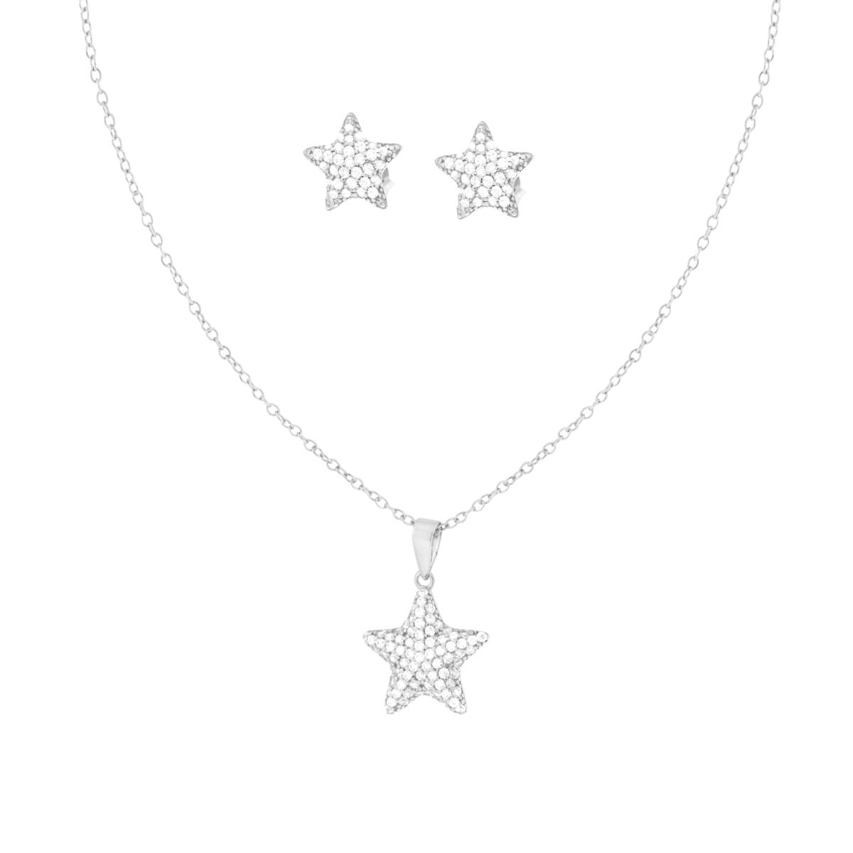 Parure Set Orecchini e Collana Catena Forzatina Diamantata con Stella e Cubic Zirconia Bianchi in ARGENTO 925 Galvanica Rodio