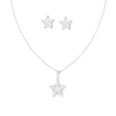 Parure Set Orecchini e Collana Catena Forzatina Diamantata con Stella e Cubic Zirconia Bianchi in ARGENTO 925 Galvanica Rodio