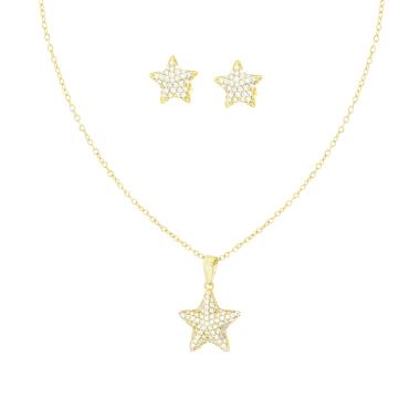 Parure Set Orecchini e Collana Catena Forzatina Diamantata con Stella Cubic e Zirconia Bianchi in ARGENTO 925 Galvanica Oro