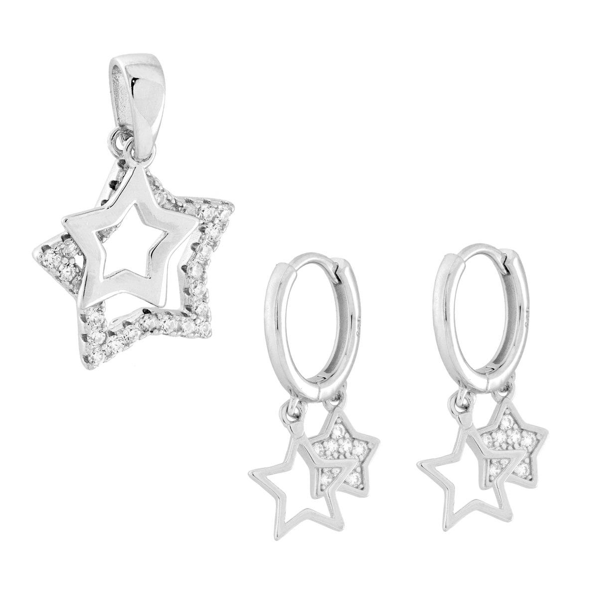 Parure Set Orecchini e Ciondolo Stelle con Cubic Zirconia Bianchi in ARGENTO 925 Galvanica Rodio
