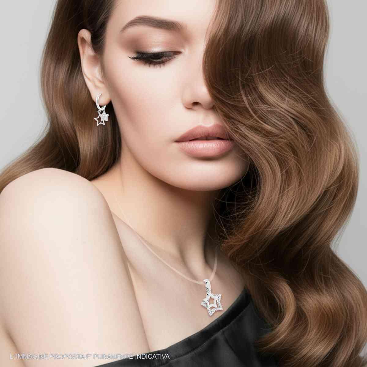Parure Set Orecchini e Ciondolo Stelle con Cubic Zirconia Bianchi in ARGENTO 925 Galvanica Rodio