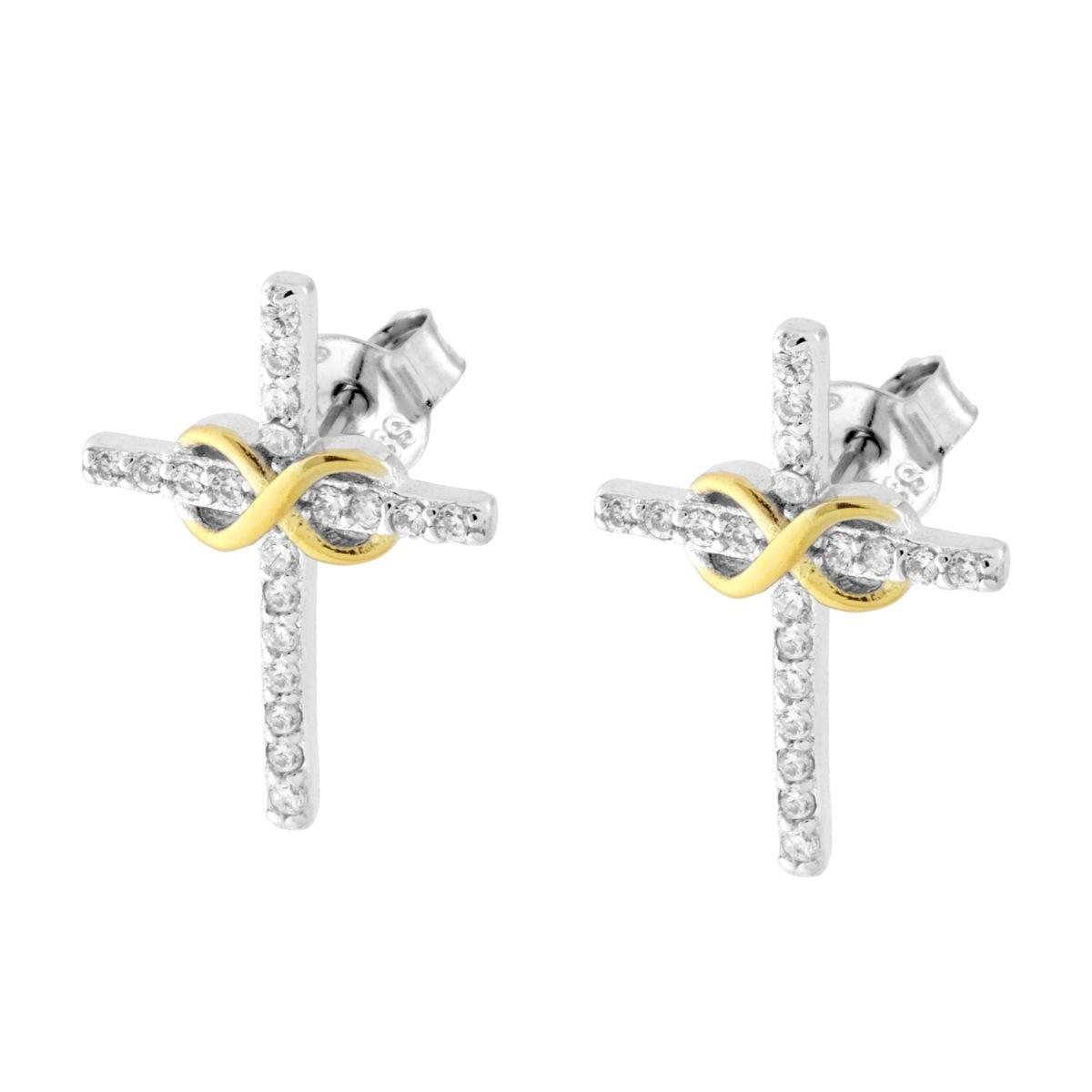 Parure Set Orecchini e Ciondolo Croce con Cubic Zirconia Bianchi e Infinito colore Oro in ARGENTO 925 Galvanica Rodio